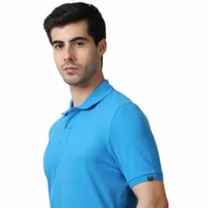 Marks & Spencers Polo Neck Sea Blue T-Shirt-Cotton Plain
